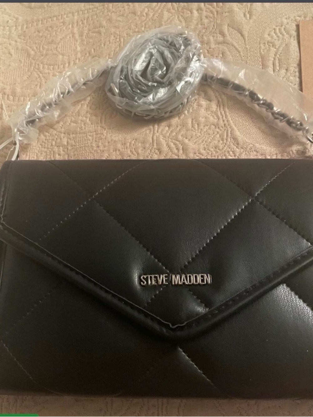 Steve Madden Black Quilted Envelope Crossbody with Chain Strap